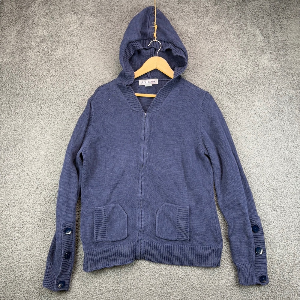 Vintage JG Hook Navy Blue‎ Cotton Full Zip Hooded Sweater Cardigan Men's Size L